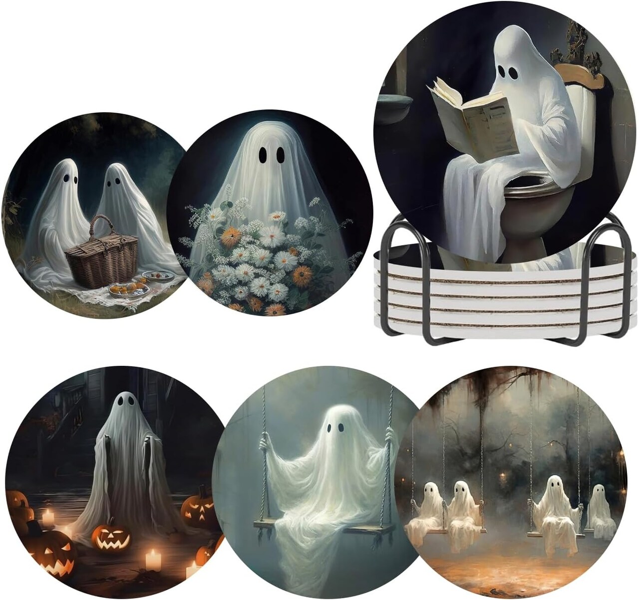 Halloween Ghost Coasters for Drinks Set of 6,Round Absorbent Ceramic